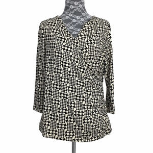 Talbots Black & White Printed Faux‎ Wrap Blouse
